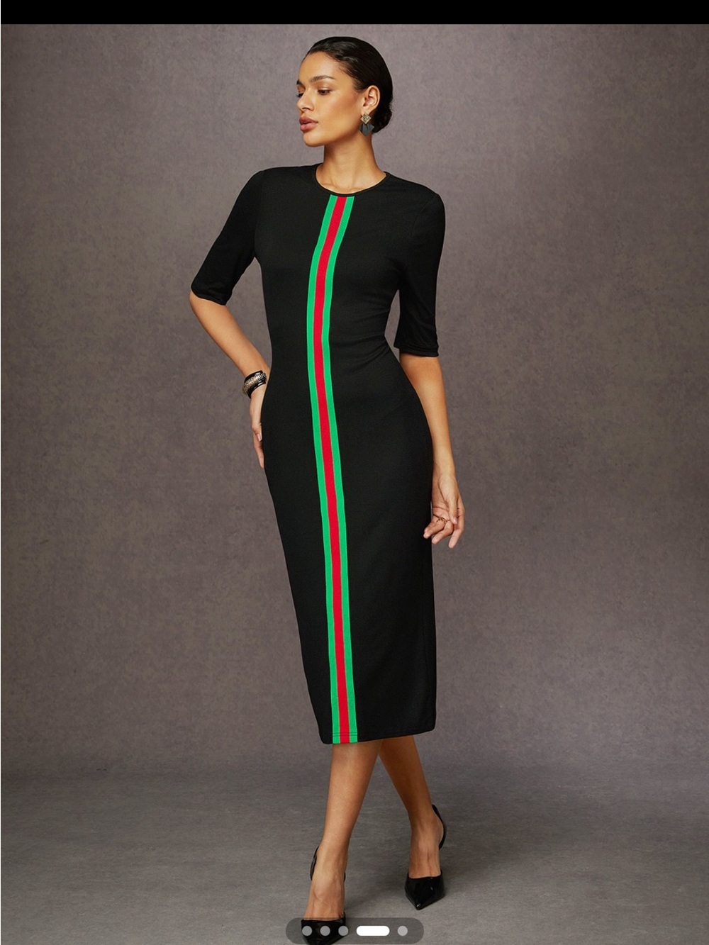 STYLEWE Black Midi Dress with Green and Red Center Stripe
